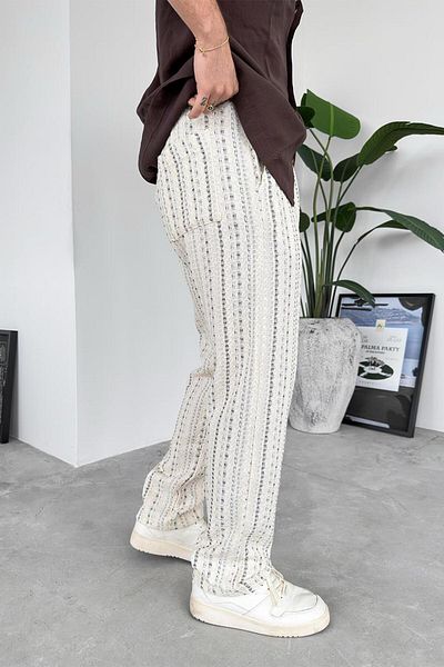 HAFKAGİYİM Κρεμ Bohemian Stripe Λεπτομέρεια φαρδύ παντελόνι