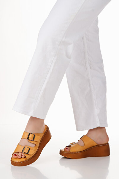 Ender Inner Outer 100% Genuine Leather Platform Padding Sole Double Buckle Side Stitched Mustard Women's Slippers