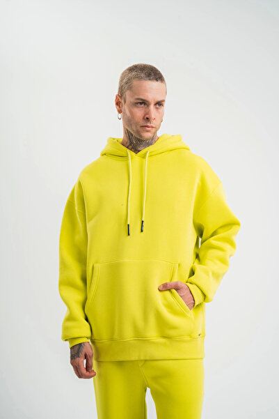 Generic Brand Men's 3 Thread Cotton Oversize Hooded Sweatshirt Hoodie - Yellow