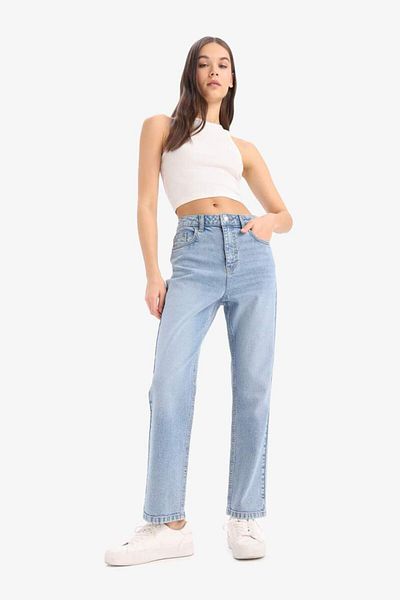 DeFacto Mary Vintage Straight Fit High Waist Straight Leg Jean Schnee gewaschene Hose D7977ax25sp