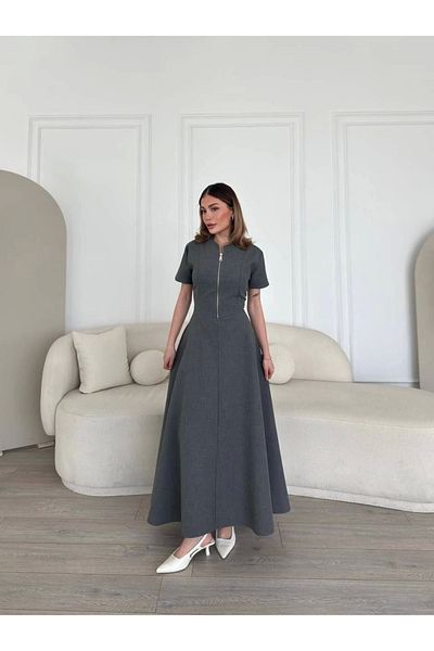 Kadınle Short Sleeve Front Zipper Long Dress with Bell Skirt - Anthracite