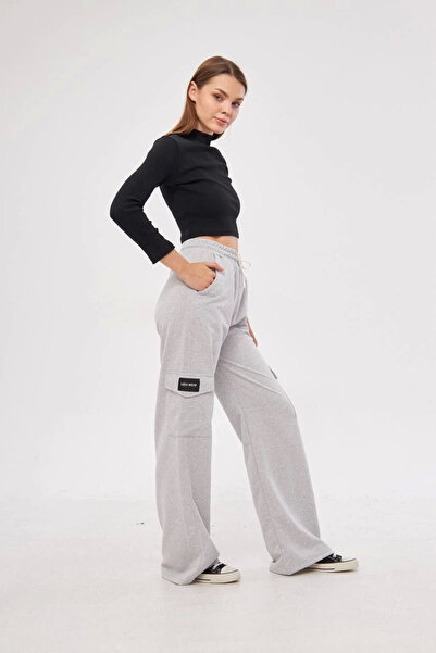 velmorafashion Velmora Cargo Pocket Pack Palazzo Oversized Cut Two-Thread Wide Leg Sweatpants Pantalon - Gray -