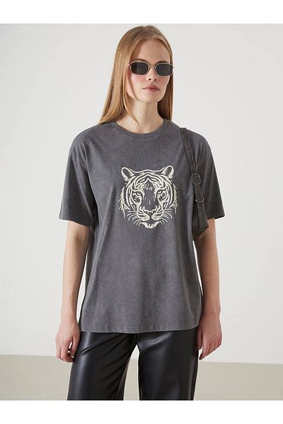 LC Waikiki Γυναικείο T-shirt LCW Vision ANTRASİT Μπλε Κατά Δερμάτινη Λεοπάρ εκτύπωσης