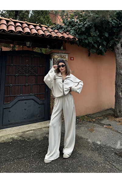 velmorafashion Velmora Zippered Tracksuit Pants Two-Piece Set - White -