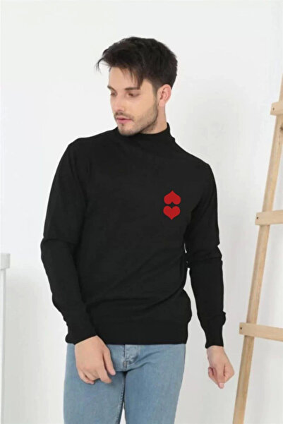 SATIYU BUTİK Men's Half-Turtleneck Sweater Printed Woven Knitwear - Black
