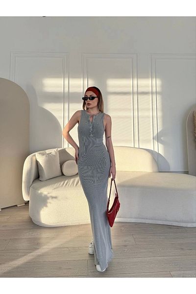 Kadınle    Slit Detailed Sleeveless Buttoned Washed Long Dress - Gray