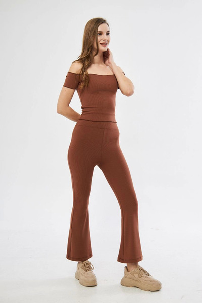 ERTAŞ TREND STORE بنطال نسائي ذو خصر عالي مضلع ذو أرجل إسبانية - بني