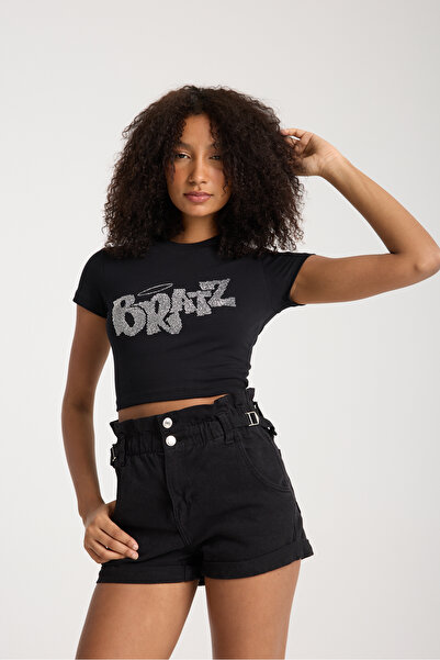 3 ROPE Bratz Rhinestone Stone Tištěný Crop Black