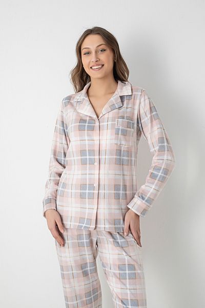 DOFİ Dofi Women's Pink Plaid Patterned Pajama Set – Soft Fabric, Casual Elegance