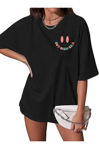 Generic Brand Women's Printed T-Shirt Short Sleeve Crew Neck Ovarsize Comfort Fit T-Shirt - Black