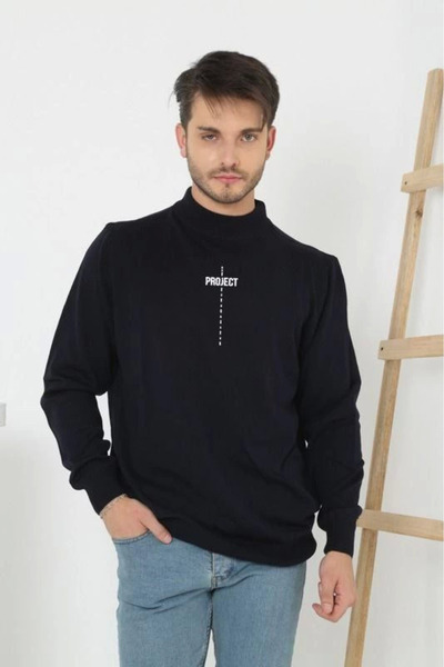 DoğruFashion    Printed Half-Neck Long Sleeve Woven Knitwear - Black