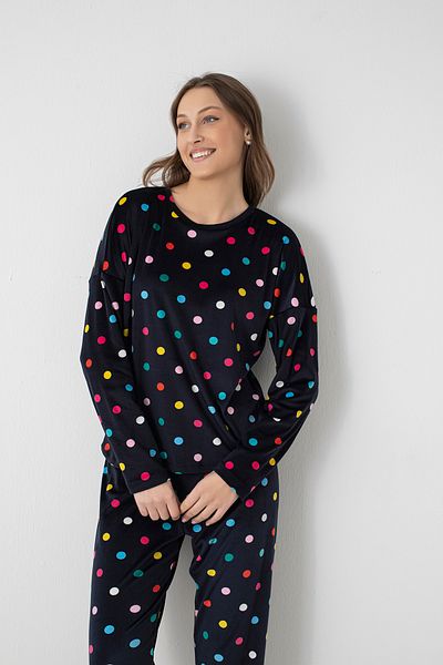 DOFİ Navy Blue Pajama Set - Colorful Polka Dot Pattern, Comfortable and Modern Made of Super Soft Fabric