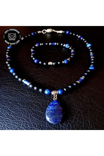 Asteria Elite Onyx Lapis Hematite Power, Wisdom and Evil Eye Protection Necklace Bracelet Set