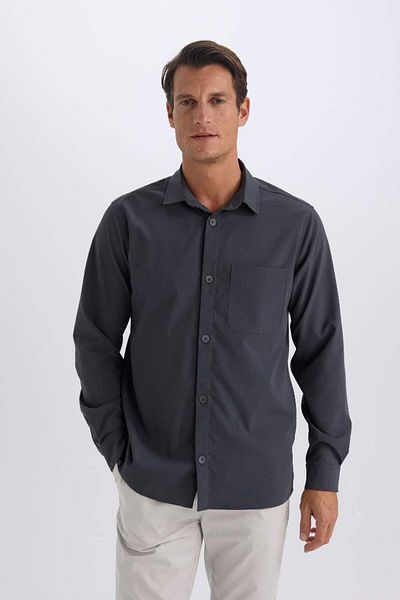 DeFacto New Season Regular Fit Polo Neck Basic Plain Seersucker Long Sleeve Shirt