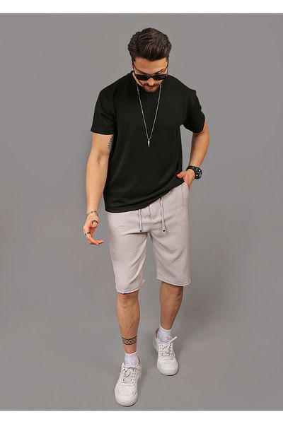 EydaMoon Ανδρικό ριγέ ελαστικό σορτς Jogger με ελαστική μέση με κουμπιά πίσω τσέπη με φερμουάρ Capri