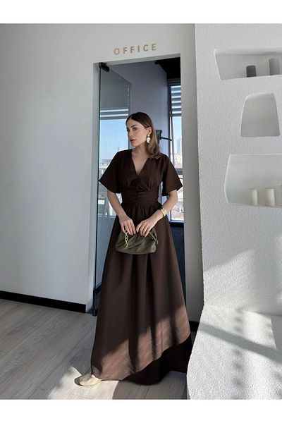 Kadınle    Short Sleeve Long Dress - Brown