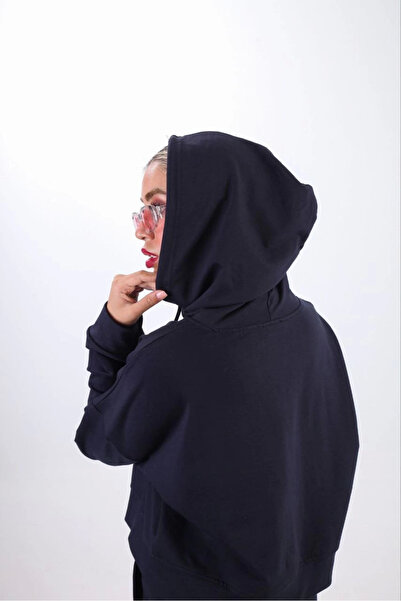 velmorafashion Velmora Two-Thread Hooded Zippered Crop Oversized Cardigan Set - Navy Blue -