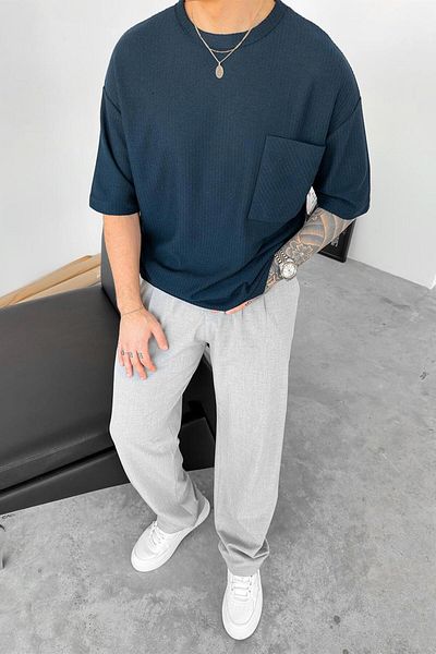 HAFKAGİYİM Tricou oversize tricotat albastru bleumarin cu buzunar