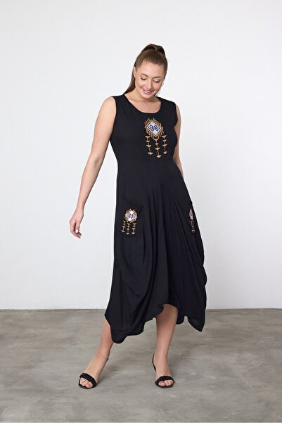 AYASOFYA OTANTIK Kadın Siyah Etnik Otantik Nakış İşleme Detaylı Cepli Viskon Pamuk Dokuma Bohem Elbise