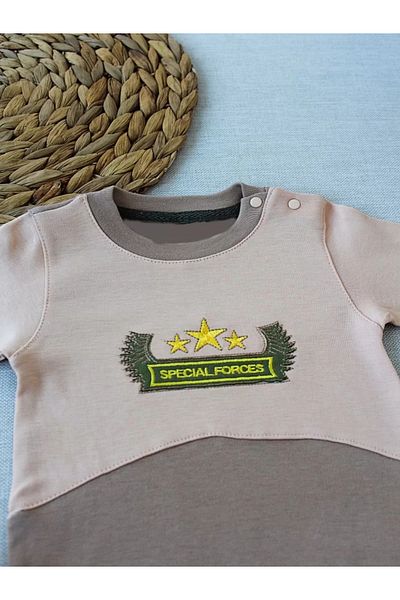 Mu Art Ahşap 3-6 9-12 12-18 Months Special Forces Embroidered Beanie Hat Baby Girl Boy Romper with Milk Coffee