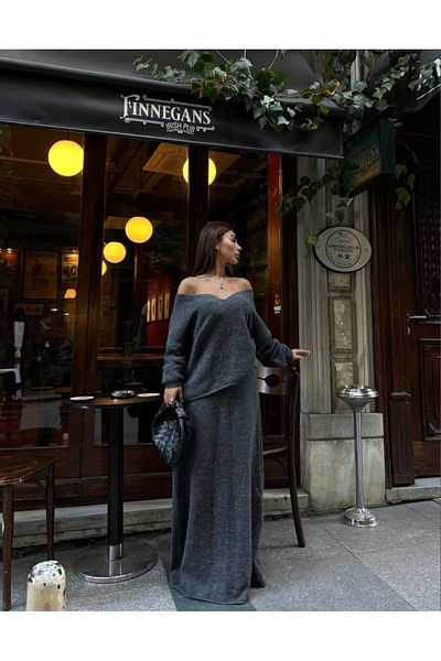 Kadınle V-Neck Strapless Neck Buluz Floor-Length Double Suit Knitwear - Anthracite