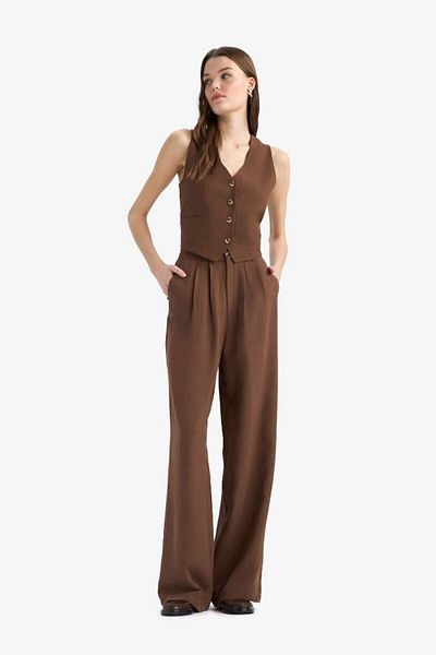 DeFacto New Season Wide Leg Zippered Regular Waist Standard Size Wide Leg Linen Blend