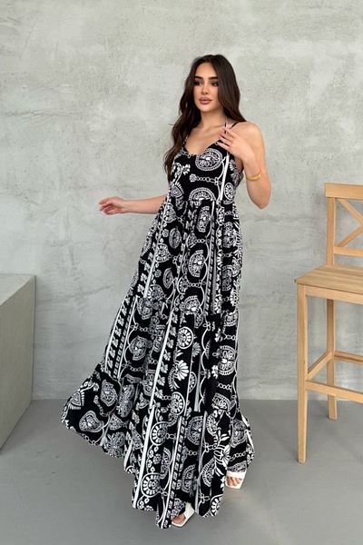 AYASOFYA OTANTIK Women's Black Ethnic Paisley Print Long Dress with Straps
