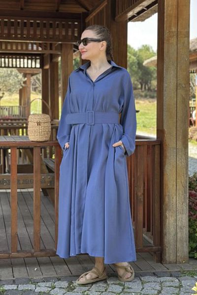 AYASOFYA OTANTIK Rochie cămașă oversize din bumbac, cu centură albastră indigo