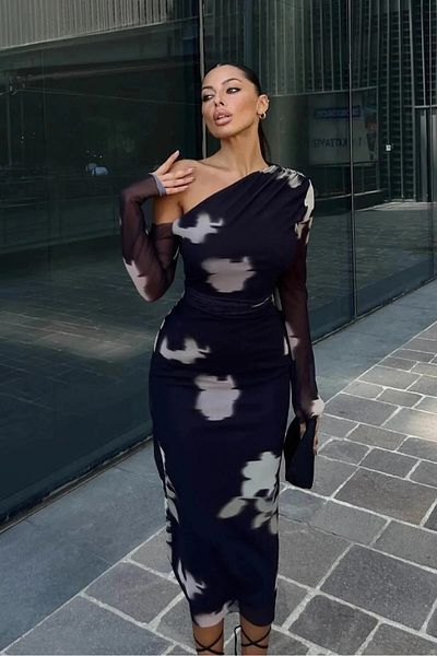 ALFUDO Moda Collection Women's Black and White Transparent Tulle Sleeves Lined Draped Midi Evening Dress