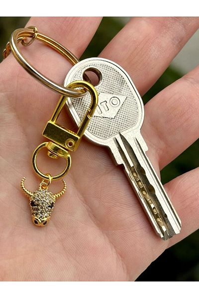 PEONY - peonyofficiall Clip-On Bull Gold Plated Zircon Stone Detailed Wallet Ornament Charm Bag Ornament Keychain
