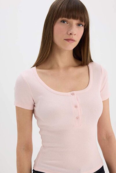 DeFacto Slim Fit Slim Fit Round Neck Basic Plain Ribbed Camisole Short Sleeve T-Shirt E5781Ax25Sp