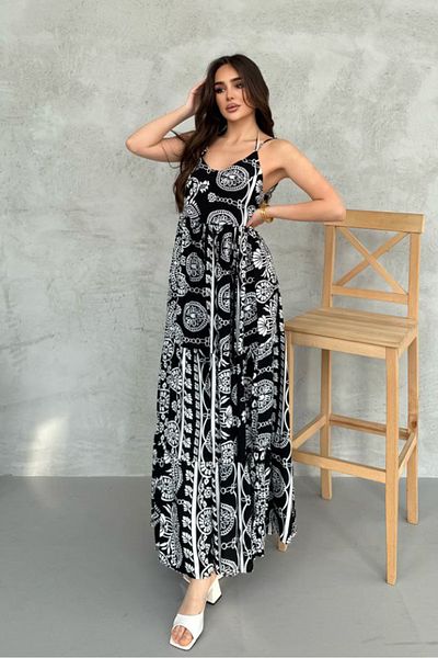 AYASOFYA OTANTIK Women's Black Ethnic Paisley Print Long Dress with Straps