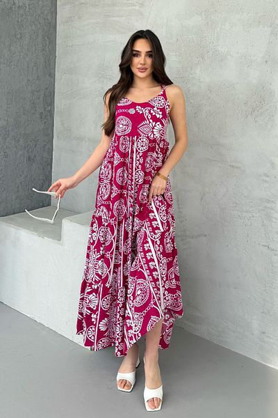 AYASOFYA OTANTIK Women's Burgundy Ethnic Paisley Patterned Long Dress with Straps