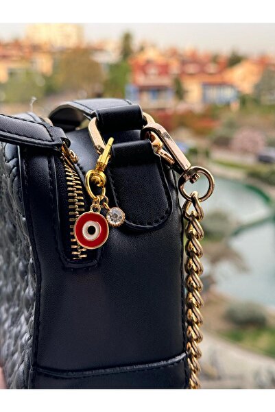 PEONY peonyofficiall Klipsli Kırmızı Nazar Boncuğu Altın Kaplama Tektaş Detaylı Cüzdan Süsü Charm Çanta Süsü Anahtarlık