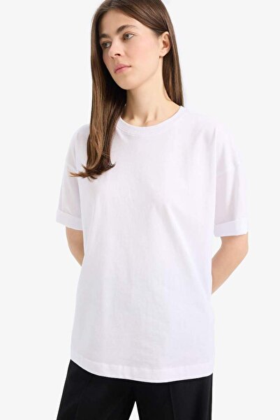 DeFacto Oversize Wide Fit Crew Neck Combed Cotton Basic Plain Short Sleeve White T-Shirt C0099Ax25Sp