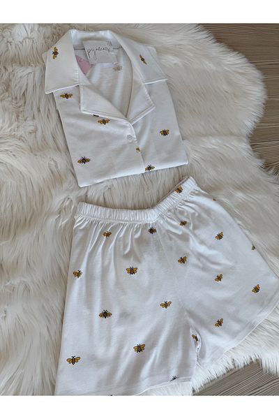 Pijamacs Little Bee Pattern Cotton Short Sleeve Shirt Collar Shorts Pajama Set