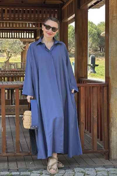 AYASOFYA OTANTIK Rochie cămașă oversize din bumbac, cu centură albastră indigo