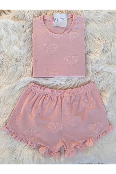Pijamacs Pink Heart Textured Ruffle Detailed Jacquard Shorts Pajama Set