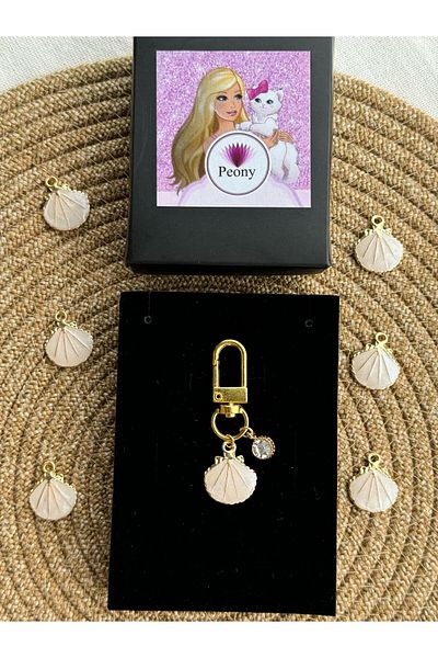 PEONY - peonyofficiall Clip-on Crem Mother of Pearl Oyster Placat cu aur Solitaire Detaliat Ornament pentru portofel Charm Geanta Ornament Breloc