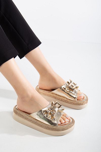 Dilimler Ayakkabı Women's Stone Wedge Heel Slippers with Gold Metal Rabbit Accessory