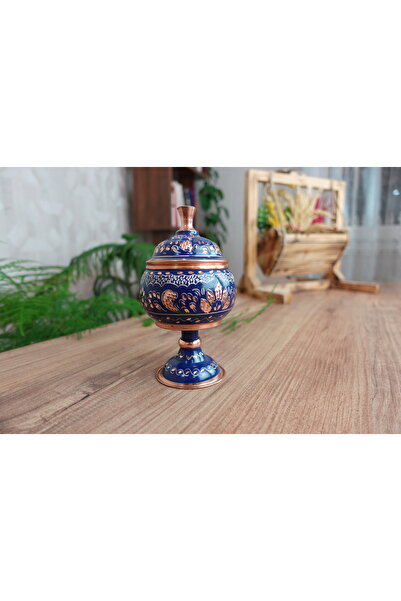 yeşiliseviyorum El Yapımı Işlemeli Oymalı Bakır Kırmızı Mavi Lokumluk Servis