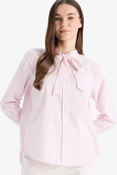 DeFacto Relax Fit Bow Collar Striped Glitter Fabric Long Sleeve Hijab Shirt Tunic E7976Ax25Sm