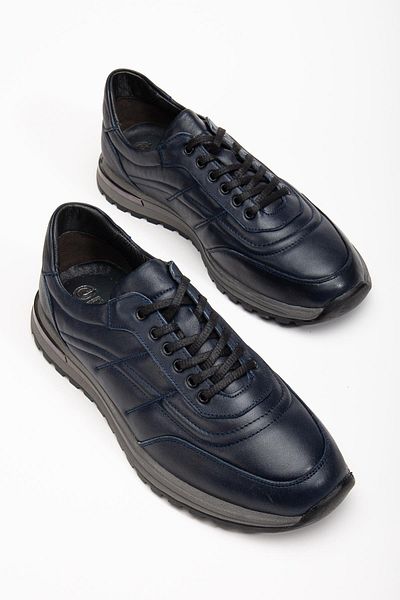 Dilimler Ayakkabı Genuine Leather Men's Casual Shoes Navy Blue Heel Metal Coated Flat Sole