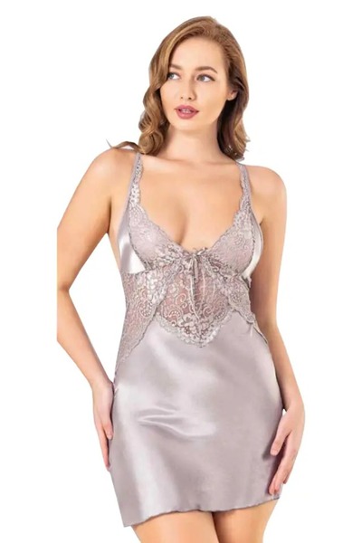 Viselya Сънна рокля със широка предна част, от сатен с дантела, в сиво