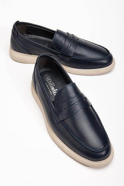 Dilimler Ayakkabı Genuine Leather Men's Loafer Shoes Navy Blue College Model Flat Sole