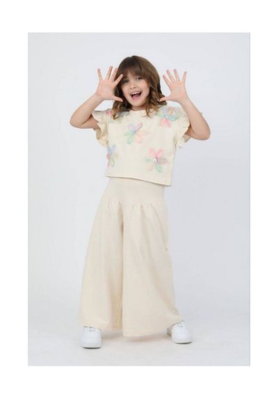 Butik Floral Patterned Wide Leg Cream Set