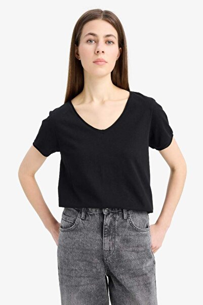 DeFacto Regular Fit V-Neck Basic Plain Short Sleeve Black T-Shirt K1507Az25Sm