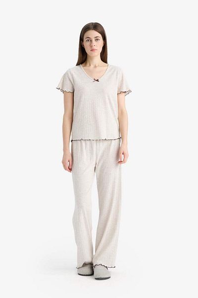 DeFacto New Season Pajama Set Short Sleeve Top Stretchy Waisted Long Bottom-Fall in Love
