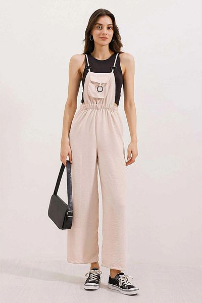 bacc Women's Beige Straps Linen Blended Pocket and Ring Detailed Woven Gardener Overalls Bcır- 251004