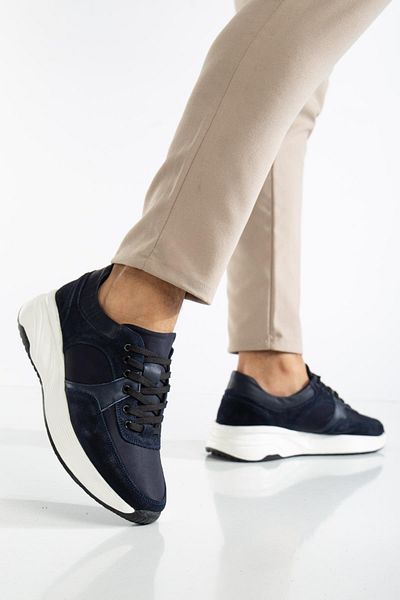 Dilimler Ayakkabı Genuine Leather Men's Casual Shoes Navy Blue Thick Faylon Sole Laced